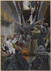 Picture of man being lowered through the roof to Jesus in Capernaum